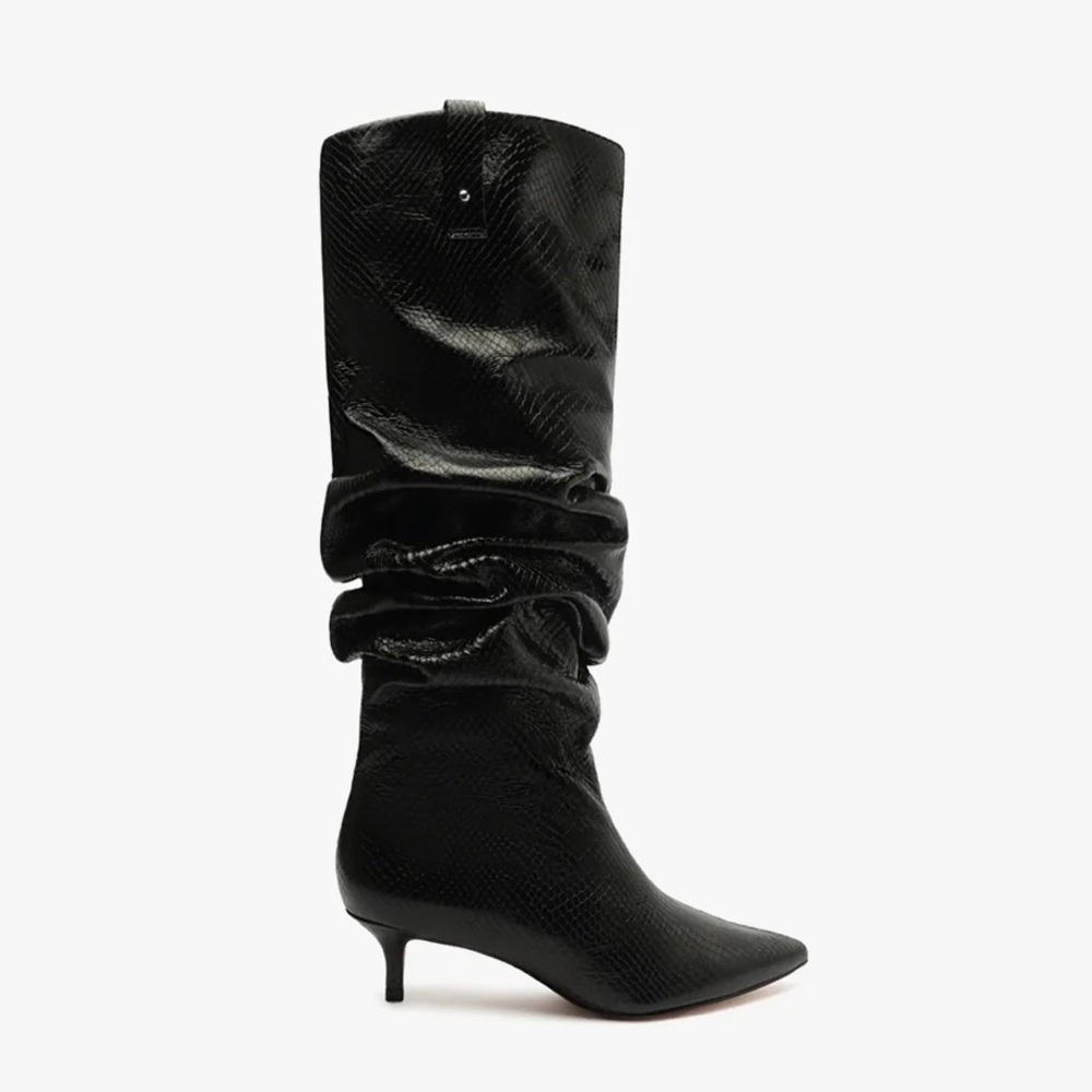 Black Slouchy Pointed-Toe Kitten Heel Boots - Women